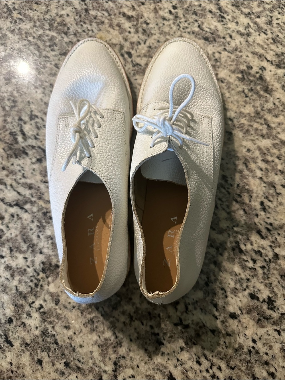 Zara White Pebbled Leather Lace-Up Flats